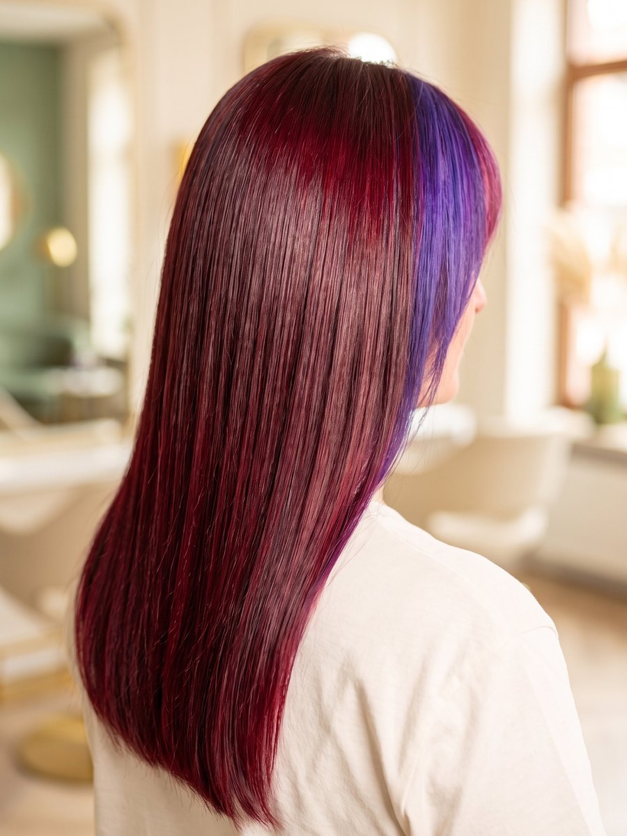 Ergebnis aus unserem Salon: kräftige Rot-Violett-Färbung auf glattem Haar