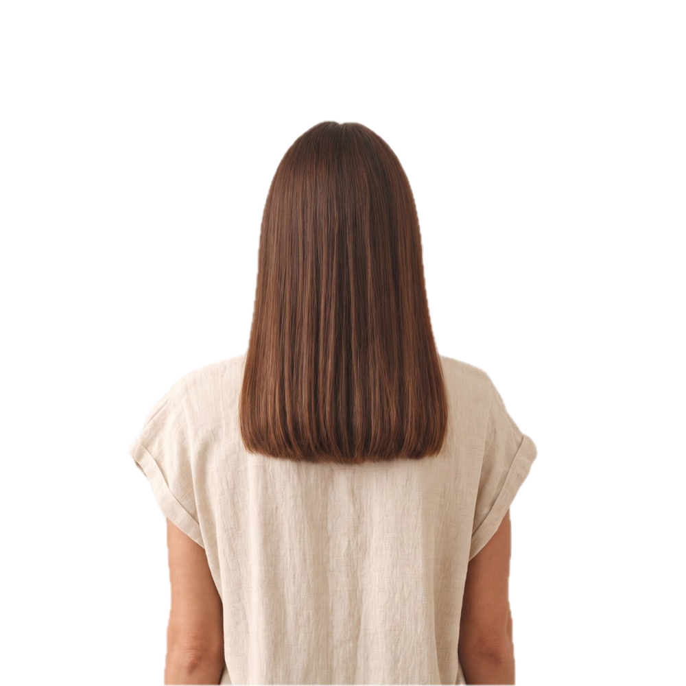 Frau von hinten mit schulterlangem Haar (langes Haar). Mit KI gestaltet.