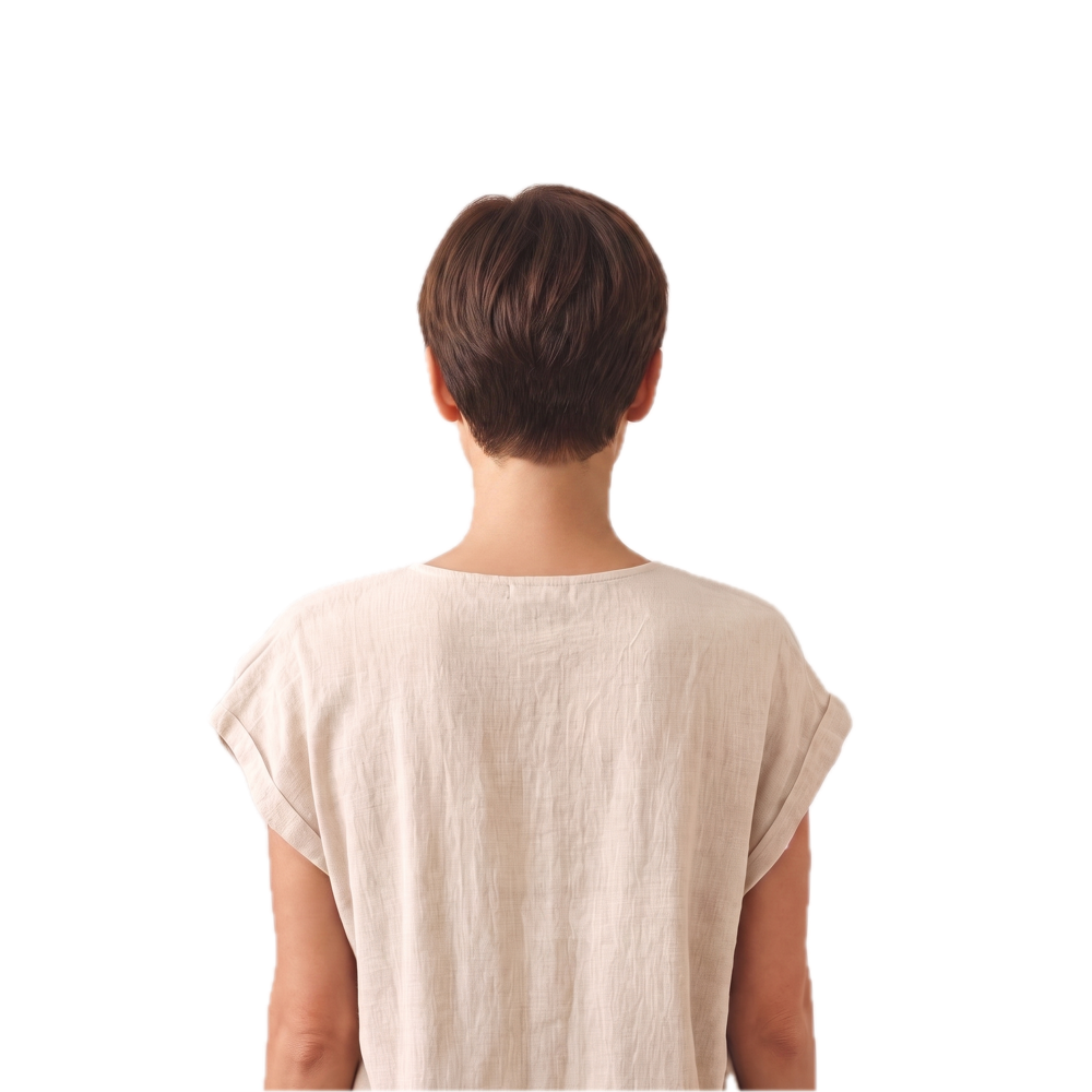 Frau von hinten mit kurzem Haar, das auf Höhe der Ohrmitte endet. Mit KI gestaltet.