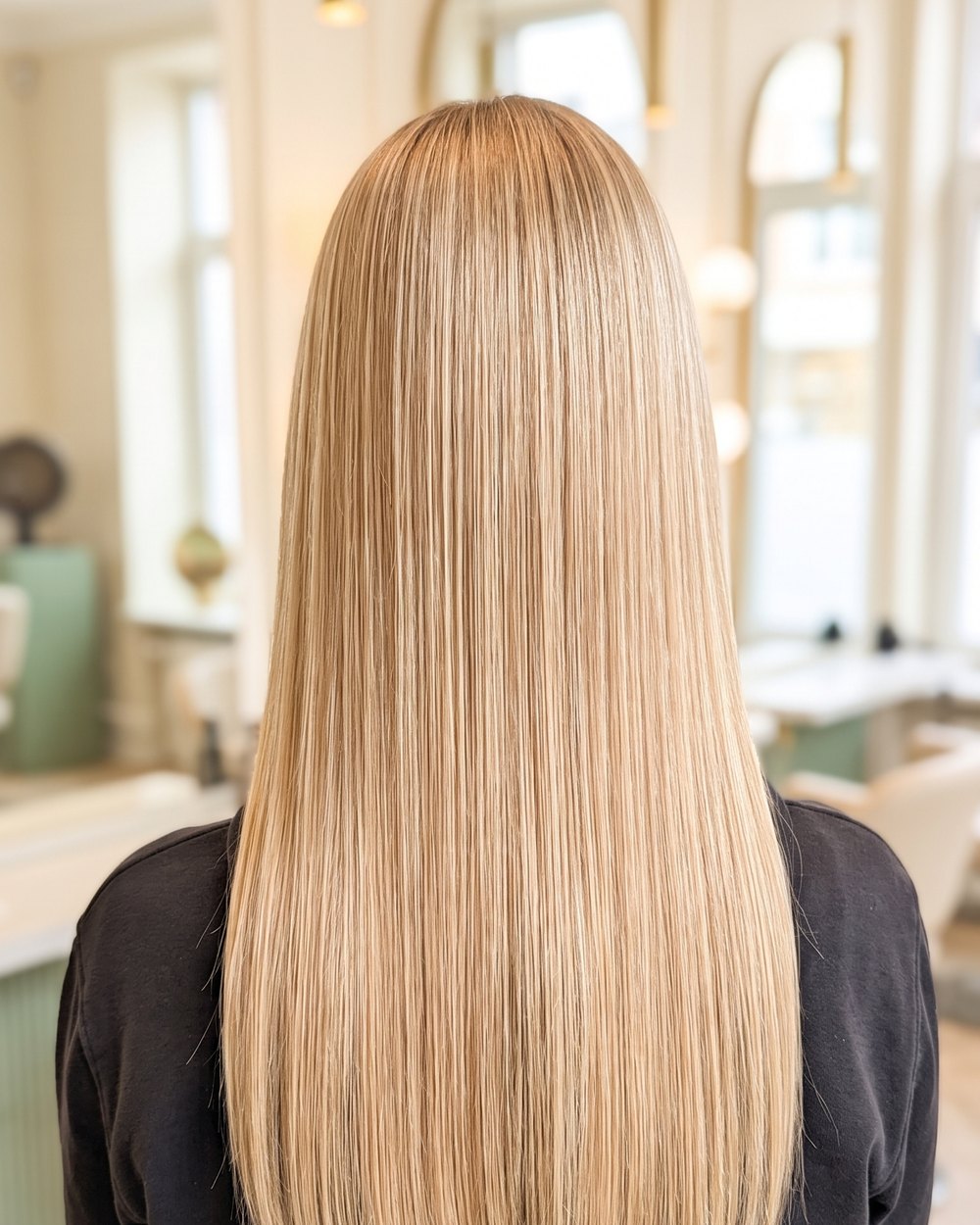Ergebnis aus unserem Salon: langes, glattes Blondhaar mit voller Länge