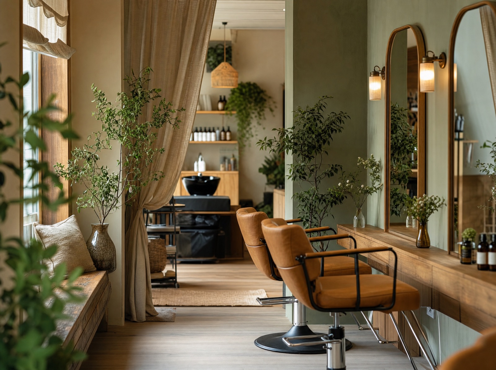 Innenansicht des Salons mit Spiegeln, Pflanzen und warmem Licht. Mit KI gestaltet.