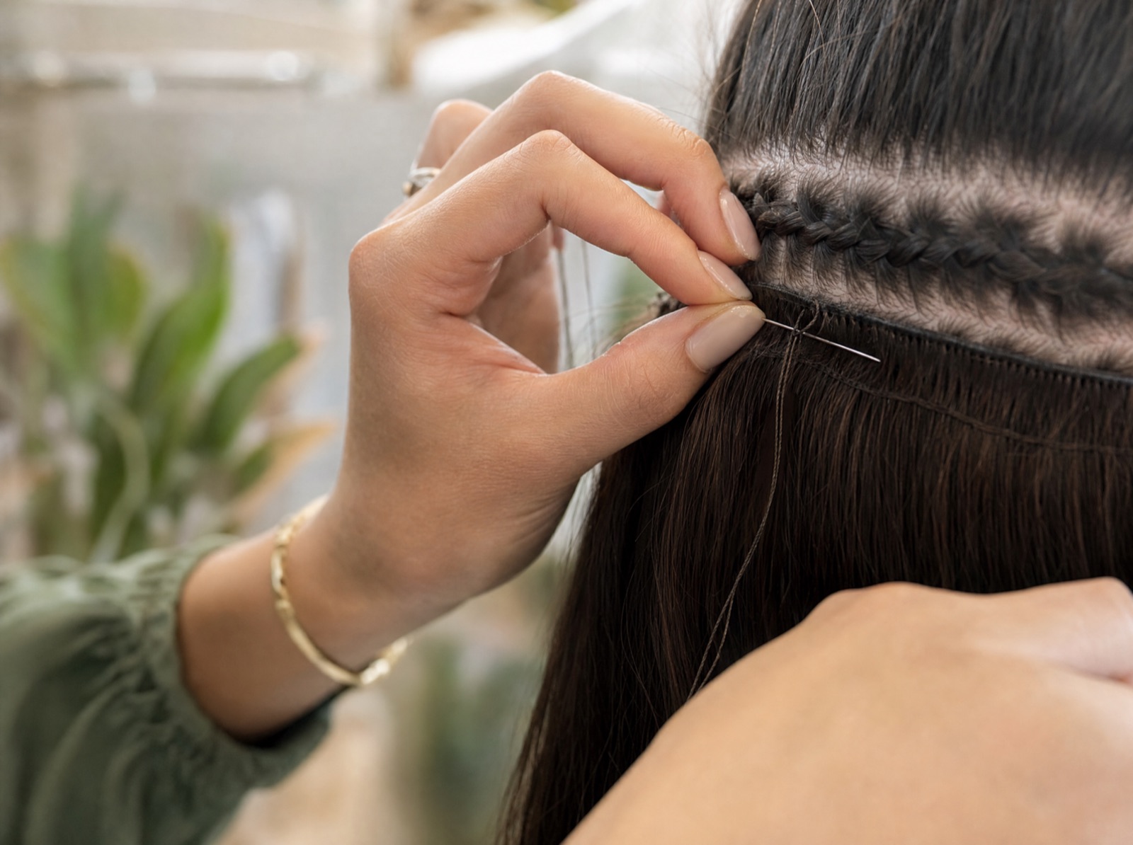 Nahaufnahme: Extensions werden mit Nadel und Faden eingenäht. Mit KI gestaltet.